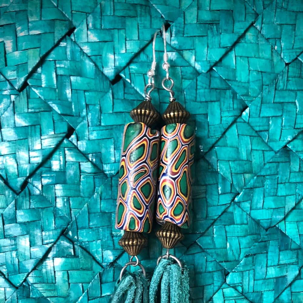 Handmade Venetian glass bead and leather earrings